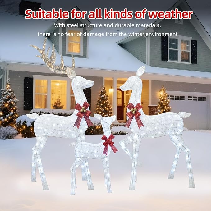HOYECHI 6.5 FT Oversized Christmas Decorations Outdoor Lighted Reindeer – 3-Piece 3D Deer Family Set with 340 Warm White LED Lights for Yard, Lawn, Garden & Porch Holiday Display - White
