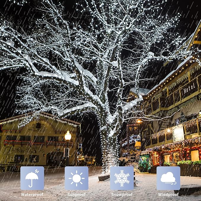 JMEXSUSS 300 LED White Christmas Lights, Outdoor Indoor, Green Wire, 8 Modes, Waterproof, Perfect for Xmas, Wedding, Party, Garden