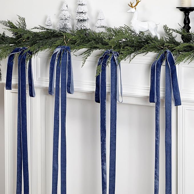 Janinka 6 Pcs Haze Blue Velvet Christmas Swag Bow 31.5 x 23.6 inch Large Vintage Christmas Ornament Rustic Velvet Staircase Wreath Bows Xmas Tree Topper Bows Large Bow for Outdoor