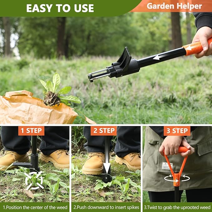 SHANTRA Weed Puller Tool, 3-Claw Stand Up Weed Puller Tool with Long Handle, Garden Weeder Puller Heavy Duty Stand Up Weeder, Weeding Tool for Lawn, Yard, Garden, Crabgrass, Dandelion Picker