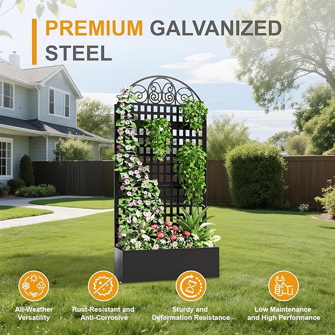 Metal Raised Garden Bed with Trellis, 79"x40"x11.8" Planter Box Outdoor with Privacy Screen Fence for Patio, Freestanding Garden Planter with Drainage Holes for Climbing Plants Flower Vegetable