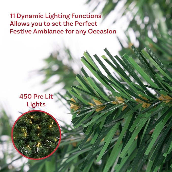 7.5ft Prelit Christmas Tree - Artificial Spruce Xmas Tree with 450 Warm White and Color Changing LED Lights, 1346 Realistic Branch Tips, and Stand - Easy to Assemble 3PC Christmas Trees by Elf Stor