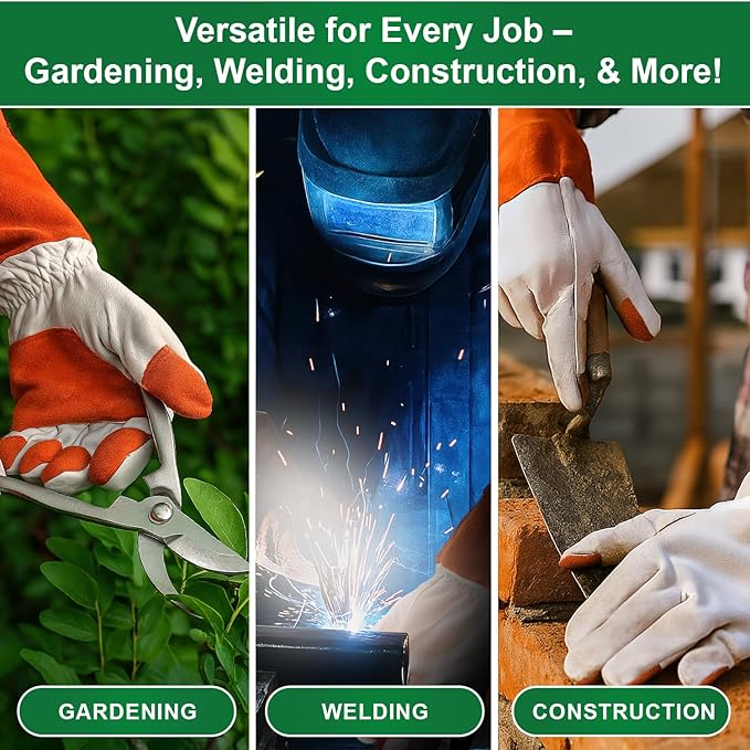 Leather Gardening Gloves for Women & Men – Thornproof & Puncture Resistant Cowhide Welding & Construction Work Gloves