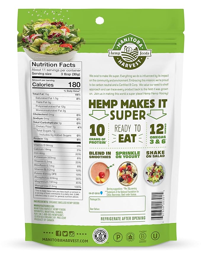 Manitoba Harvest Organic Hemp Hearts, 12oz, 10g Plant Based Protein and 12g Omega 3 & 6 per Srv, Smoothies, yogurt & salad, Non-GMO, Vegan, Keto, Paleo, Gluten Free