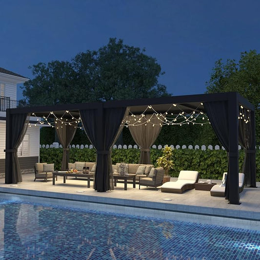 LVUYOYO Outdoor Louvered Pergola 10' x 20', Aluminum Pergola with Adjustable Roof, Waterproof Metal Gazebo with Curtains and Netting for Patio, Backyard, Garden, Deck (Black)