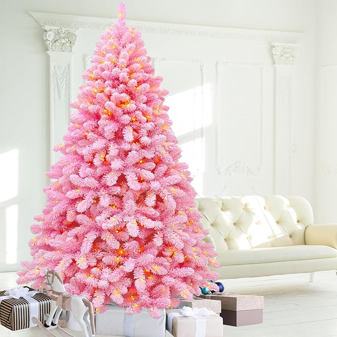 Christmas Tree, 7.5ft Flocked Pink Christmas Tree Prelit with Lights, 10 Functions, 400 Lights, Spruce Artificial Christmas Tree Prelit with Realistic Tips & Sturdy Metal Base Easy Assembly