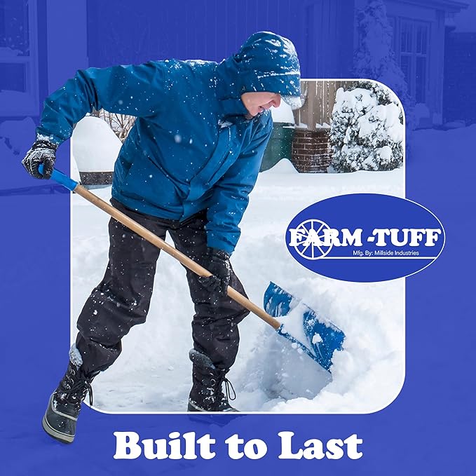 Farm-TUFF Heavy Duty Multi-Purpose Shovel - Snow, Barn, Grain, Industrial Use - Large Non-Stick Blade & Ash Hardwood D-Grip Handle - Durable & Lightweight Utility Scoop - Blue, 21.8in