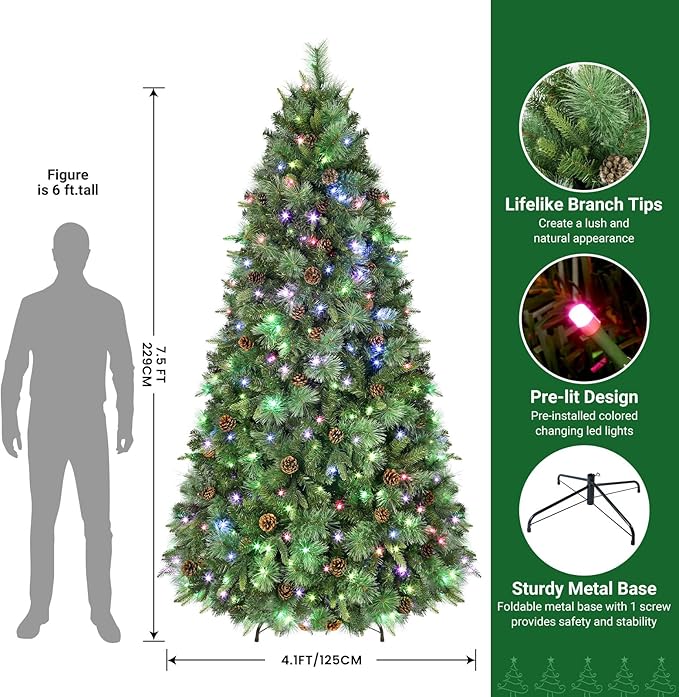 SHareconn 7.5ft Prelit Artificial Hinged Christmas Pine Tree with Remote Control, Upgraded Version with Pre-Lit 470 Led Color Changing RGB Lights, Pine Cones, Perfect Choice for Xmas Decoration, 7.5FT
