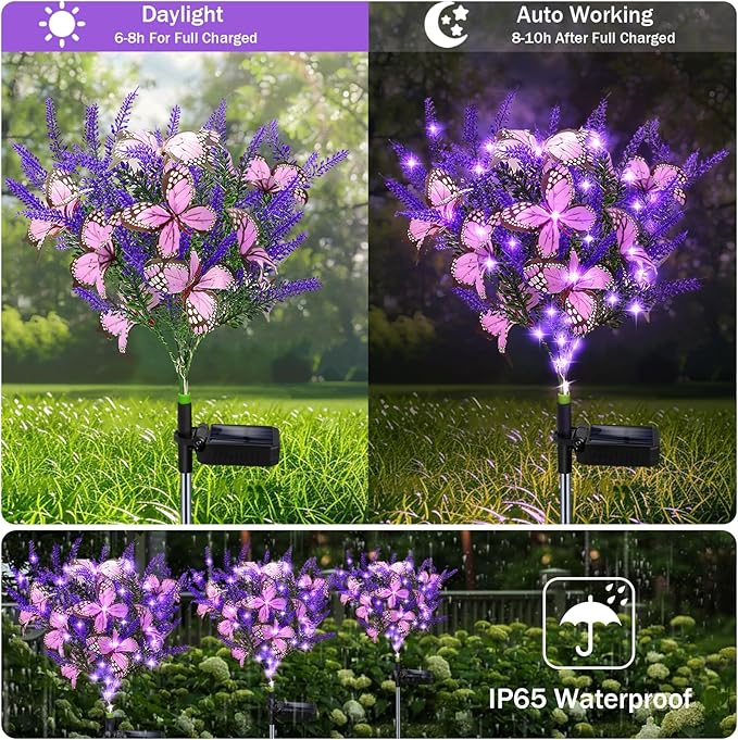 Kohlrabi Solar Garden Lights Outdoor, 2 Pack Purple Lavender Solar Butterfly Lights Gardening Gifts for Women,Artificial Flower with Butterfly Purple Garden Decor for Lawn Patio
