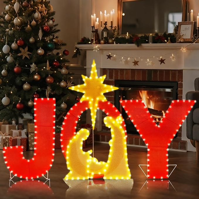 Prsildan 3.3FT x 2FT Christmas Decorations Outdoor- Lighted Joy Yard Sign, Outdoor Nativity Scene Set with 250 LEDs, Outside Christmas Decor for Porch, Lawn