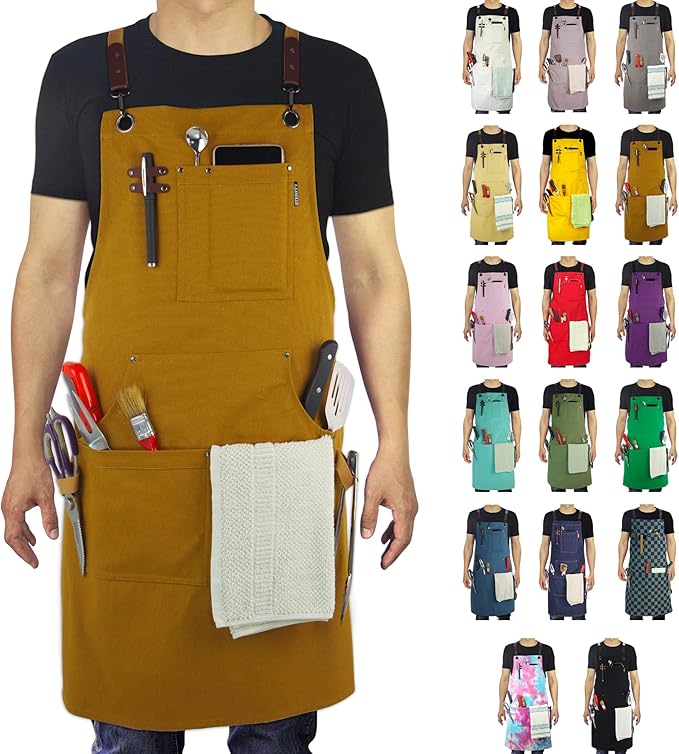 Kitchen Apron, Work Apron, Canvas, Multiple Pockets, Gardening, Painting, BBQ, Artist, Carpenter, Sizes M to XXL, Khaki