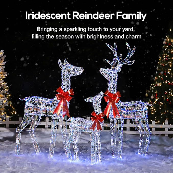 Hykolity 4.5FT 3D Pre-lit Iridescent Christmas Reindeers Family, 3-Piece Lighted Deer Set with 280 LED Lights, Stakes, Zip Ties for Indoor or Outdoor Christmas Decorations