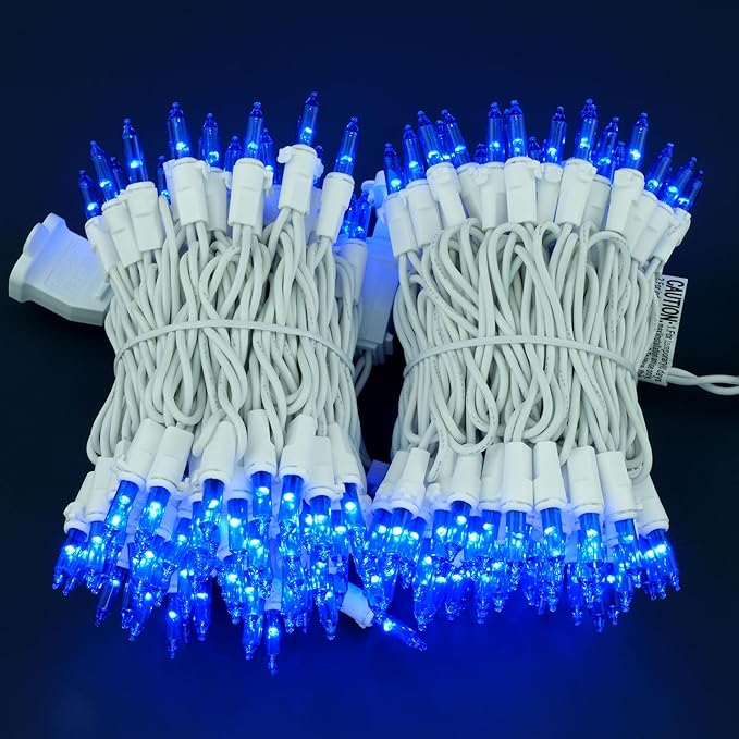 YULETIME 200 Blue Christmas Lights, Pack of 2 Strands of 21 ft 100 Count UL Certified Mini String Light (Blue - White Wire)