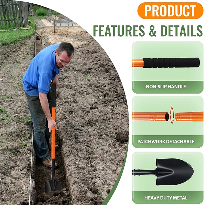Small Shovels for Digging, Garden Spade Shovel Beach Shovels with 43.3in Handle,Heavy Duty Portable Metal Shovel for Gardening Camping Trenching Digging Landscaping,Off-Road Use, Orange