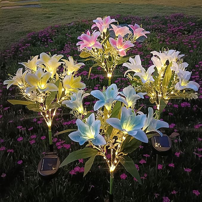 Garden Solar Lights Flowers, Automatic Lighting at Night, Waterproof Garden Decor for Yard Patio Pathway Lawn, Gardening Gifts for Women, Christmas Decoration, 7 Flowers (Lily - Pink, 1)