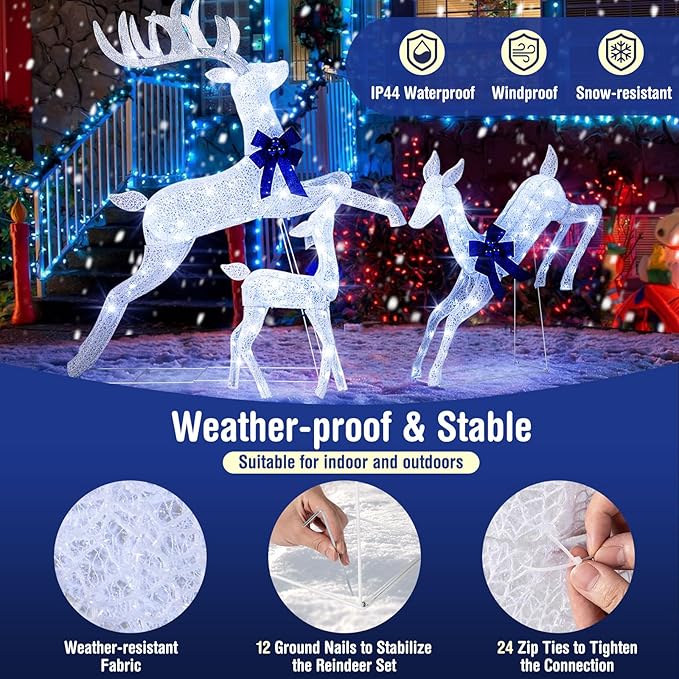 Tangkula 3 Pieces Lighted Christmas Reindeer, Holiday Reindeer Family Set with 255 Cold White Lights, Stakes, Indoor Outdoor Lighted Christmas Decoration for Lawn Yard Garden (White)