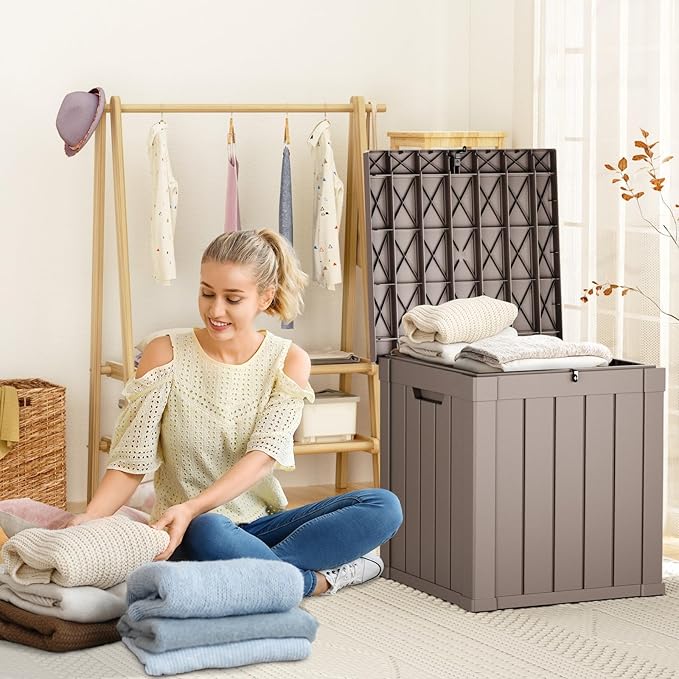 DRATO 50 Gallon Deck Box, Outdoor Storage Box for Patio Cushion, Garden Tools, Waterproof Patio Storage box, Lockable (Light Brown)