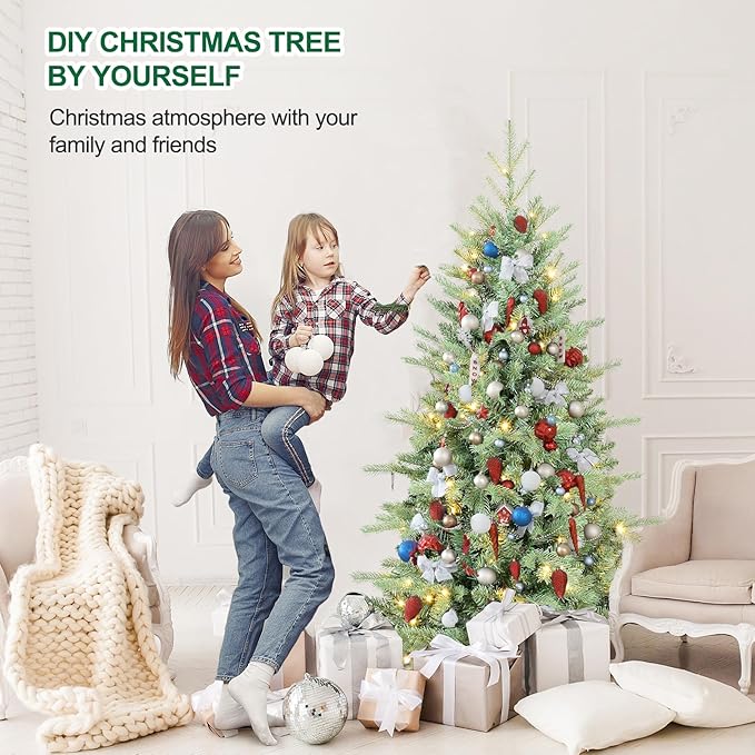 6 FT Prelit Artificial Skinny Christmas Tree,Blue Spruce Slim Pencil Xmas Tree with 1205 PE&PVC Mixed Branch Tips and 300 UL Listed Clear Lights,Hinged Pine Tree with Metal Stand for Home Office Décor