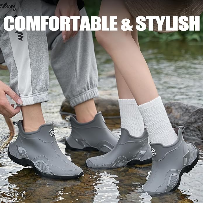 Women's Ankle Rain Boots - Slip On Waterproof Festival & Garden Shoes for Men - Comfortable Lightweight Rubber Wellies with Decorative Buckle