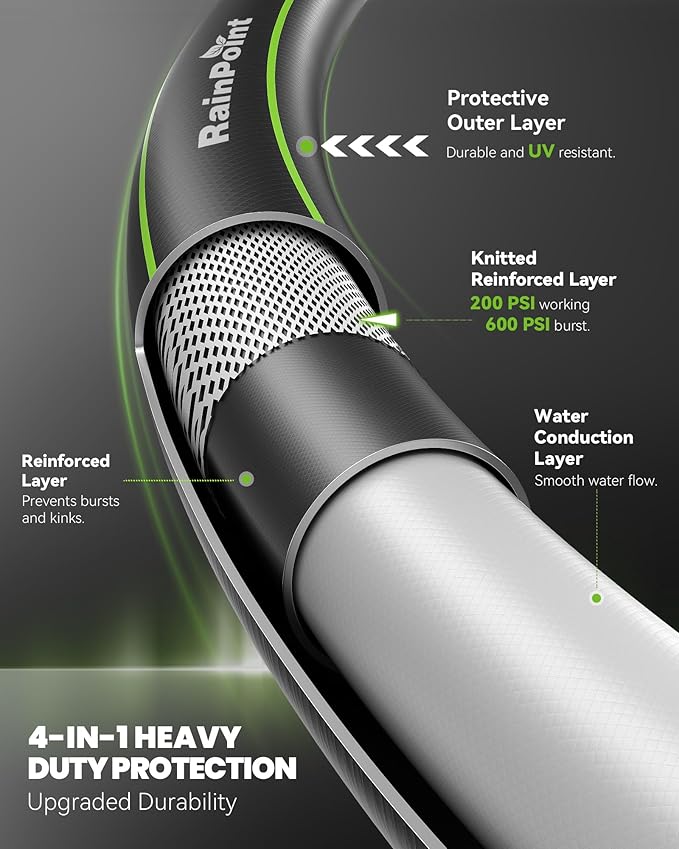 RAINPOINT Garden Hose 50ft x 5/8", Water Hose Heavy Duty, Flexible, Lightweight Durable Hybrid Hose with Swivel Handle for Yard, Car Wash, Pets, No Kink, Male to Female Fittings