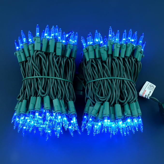 YULETIME 200 Blue Christmas Lights, Pack of 2 Strands of 21 ft 100 Count UL Certified Mini String Light (Blue - Green Wire)
