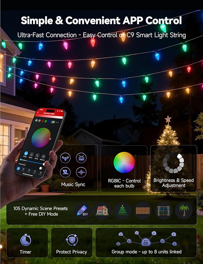 Minetom Smart C9 Christmas Lights Outdoor, 100 LED 115FT Christmas Color Changing Fairy Lights App Control, Music Sync, 105 Preset Modes, Connectable RGB C9 String Lights for House Indoor Xmas Decor