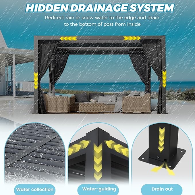 LVUYOYO Outdoor Louvered Pergola 10' x 13', Aluminum Pergola with Adjustable Roof, Waterproof Metal Gazebo with Curtains and Netting for Patio, Backyard, Garden, Deck (Black)