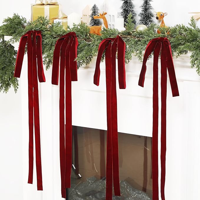 Janinka 6 Pcs Burgundy Large Velvet Christmas Swag Bow 31.5 x 23.6 inch Vintage Christmas Ornament Wine Red Rustic Velvet Staircase Wreath Bows Xmas Tree Topper Bows Large Bow for Outdoor