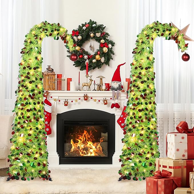 HMASYO 5 FT Whimsical Pop Up Christmas Tree with Timer Lights, Lime Green Christmas Tinsel Tree Collapsible Artificial Pencil Tree for Indoor Home Apartment Porch Holiday Party Decorations