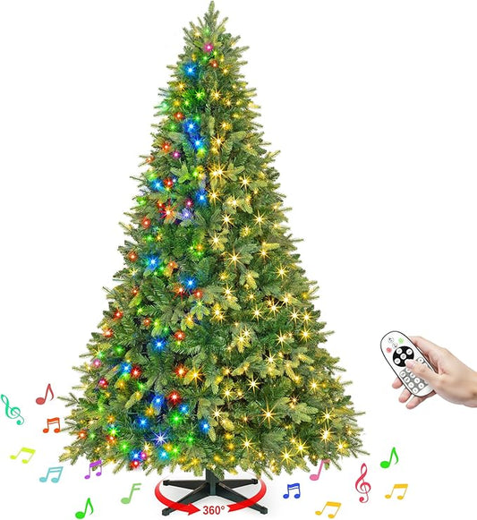 Thalassophile 7.5ft Pre-Lit Full Christmas Tree with Rotating Stand, Prelit Rotating Artificial Hinged Realistic Xmas Tree with Remote, 470 Lights Warm White & Multi Color, 1470 Branch Tips, Green