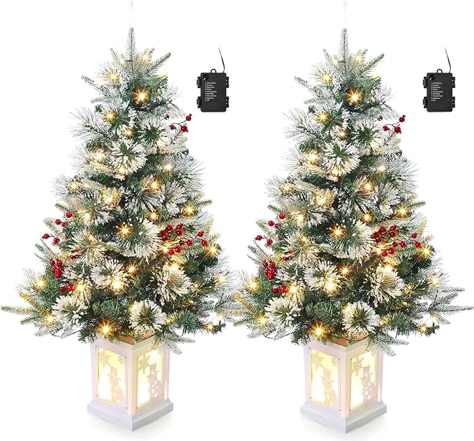 3ft Christmas Tree Pre-Lit Artificial Christmas Tree with Vintage Potted Base, Flocked Snow 78 Warm White LED Lights 8 Lighting Modes, Xmas Holiday Decor for Home, Entrances
