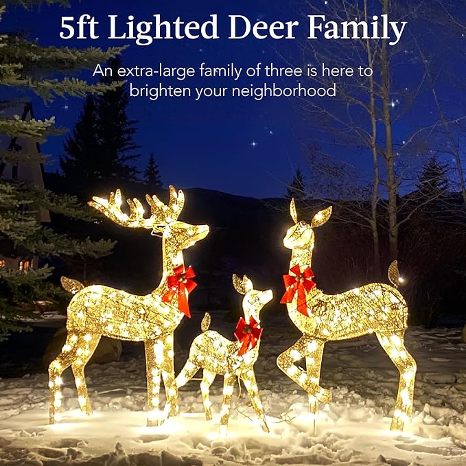 Best Choice Products 3-Piece Large Lighted Christmas Deer Family Set 5Ft Outdoor Yard Decoration with 360 LED Lights, Stakes, Zip Ties - Gold