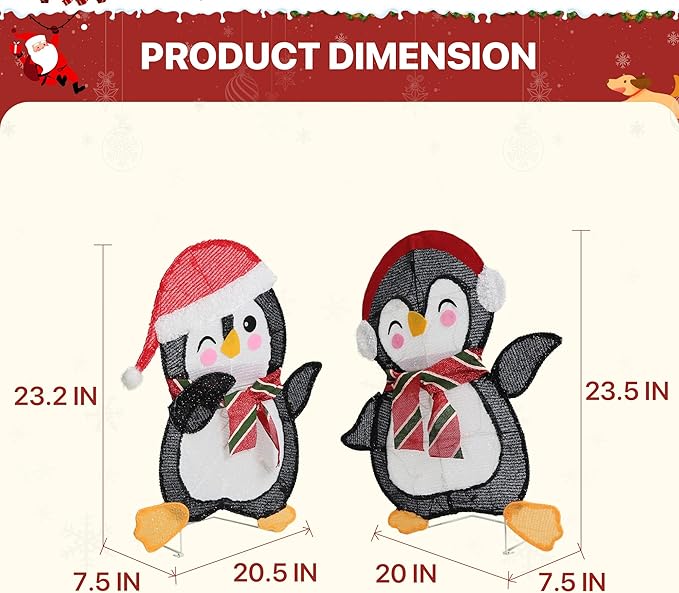 GENIMO 2-Piece 2D Penguin Outdoor Christmas Decorations, 50 Lights Penguin, Pre-Lit Clear Light Up Decor for Holiday Outside Indoor Home Lawn Yard Garden Patio with Scarf Stakes Zip Ties(23.5 in)