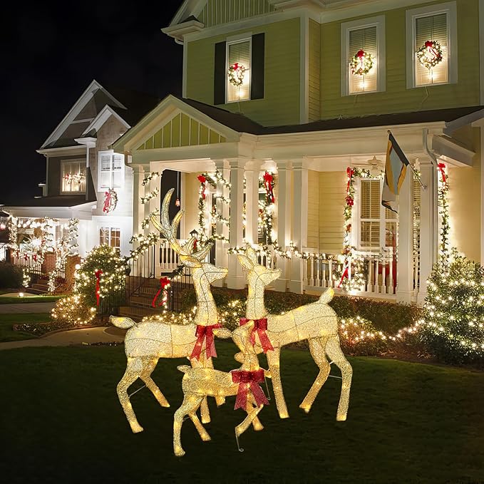 45" Light Up Outdoor 2D Christmas Reindeer Decor, Featuring Durable Metal Frame, Ground Stakes, Waterproof Snow-Resistant Design, Perfect for Vintage Christmas Home, Tree, and Garden Decoration, Gold