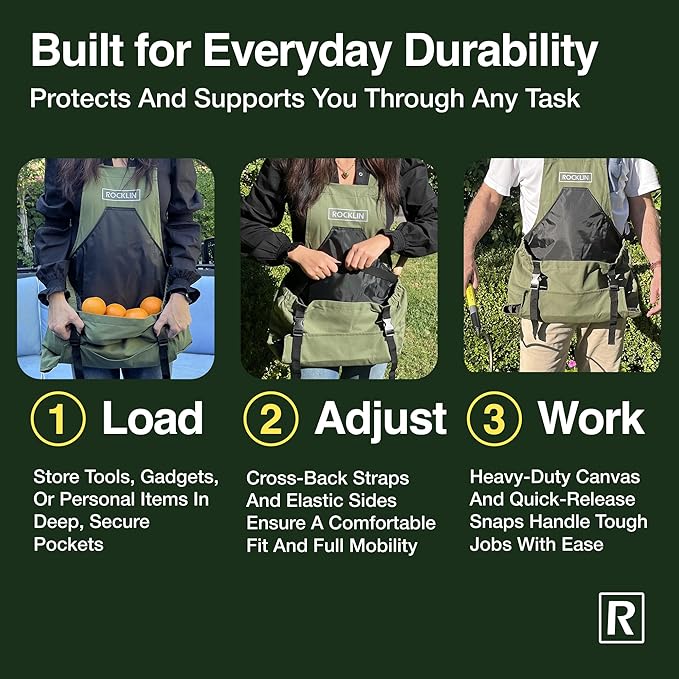 Rocklin Green Garden Apron – Heavy Duty Canvas Garden Apron For Women & Men | Waterproof Lining With Deep Harvest Pouch | Adjustable Straps For Comfortable Fit