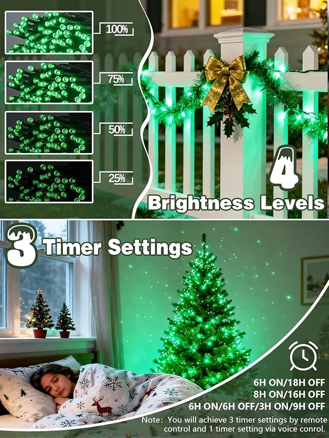 Voice Controlled Christmas Lights with Remote, 99 FT 300 LED String Lights Indoor Outdoor with 12 Modes 3 Timers, Dimmable Twinkle Light Plug in Waterproof for Xmas Tree Yard Party Decorations, Green