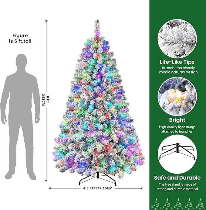 SHareconn 8ft Prelit Snow Flocked Spruce Artificial Christmas Tree with Remote (2025 Upgraded), 520 Pre-Lit Multi-Color RGB Lights, Full Snow Branch Tips for Home, Office, Xmas Decoration, 8 FT