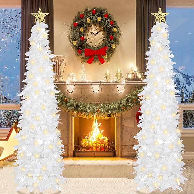 HMASYO 5 FT Pop Up Christmas Tree with Timer Lights, White Christmas Tinsel Tree, Collapsible Artificial Pencil Christmas Tree for Indoor Home Apartment Porch Holiday Party Decorations