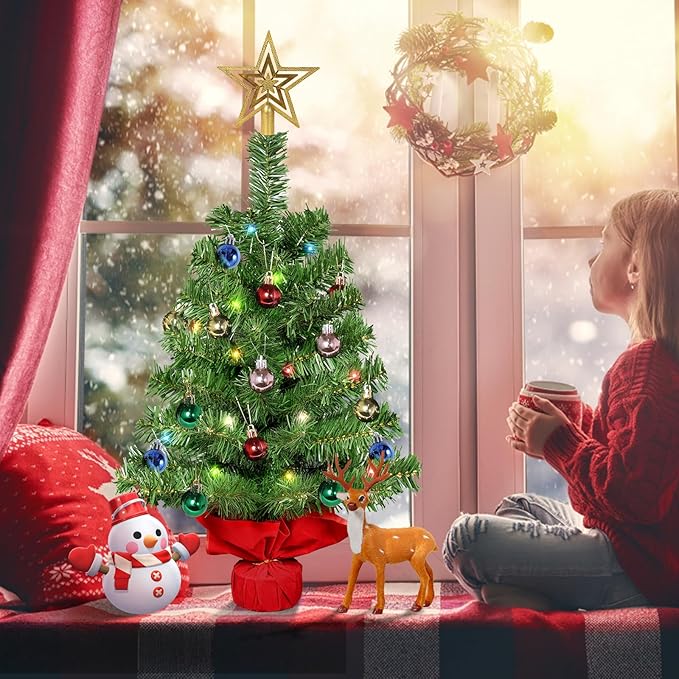 Uten Mini Christmas Tree 20 Christmas Balls and Small Christmas Tree Star, One Tree top Star 30 Warm White Lights 30 Colored Lights PVC with Cement Base Christmas Decorations for Home, Office, Party