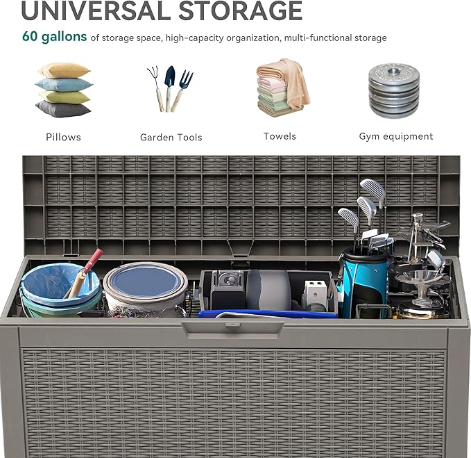 YITAHOME 60 Gallon Resin Deck Box, Weather Resistant Outdoor Rattan Storage Box, Lockable Indoor Outdoor Storage for Supplies and Essentials, Taupe