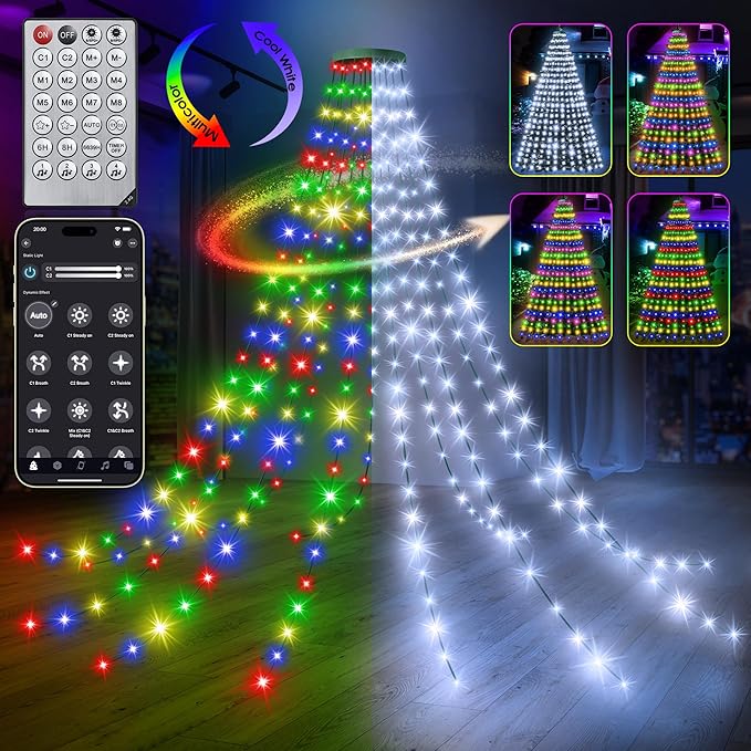 30+ Modes Ring Christmas Tree Lights Indoor Outdoor - 6.56Ft x 12 Lines 288 LED Easy App Control Color Changing Timer Remote Waterproof for 6 7 Ft Xmas Trees (Cool White to Multicolor)