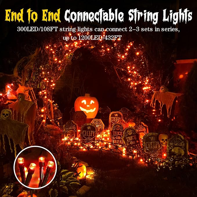 Techip Halloween Lights Orange String Lights Outdoor Indoor Waterproof 300LED Incandescent Mini String Lights 108FT Halloween Decorations for Tree Garden Party Carnival Thanksgiving Christmas Decor