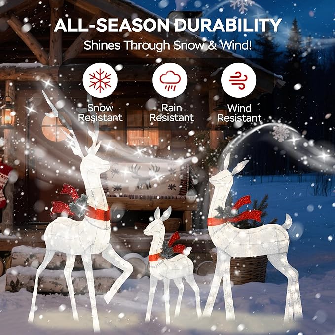 Outdoor Lighted Deer Family Decor 3-Piece Set, 5ft Large Reindeer Christmas Holiday Lights with 210 Warm White LEDs, 3D Design, Cotton Twine & Iron, Perfect for Lawn, Yard, Garden, Party