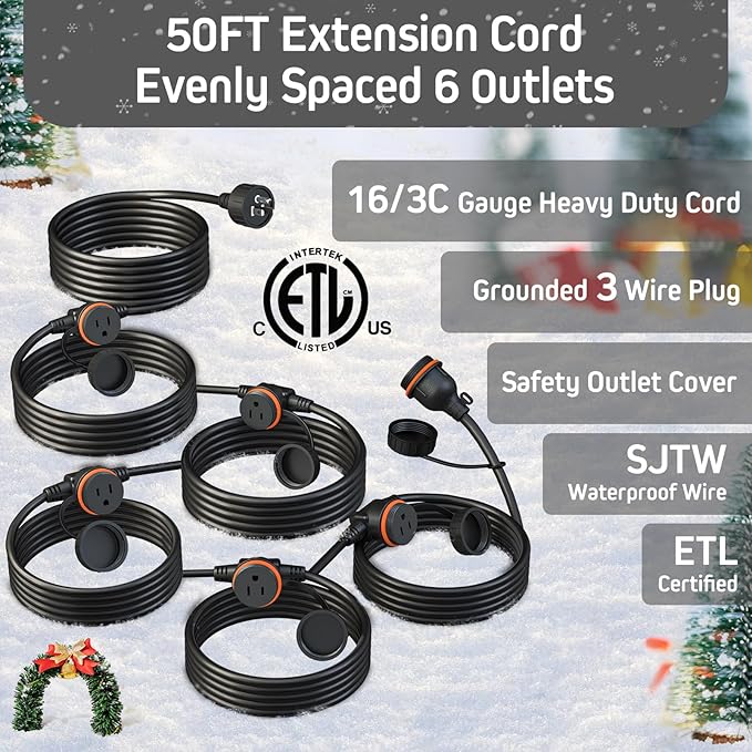 50FT Black Outdoor Extension Cord, Evenly Spaced 6 Outlets Plugs with Waterproof Cover, 16/3 SJTW Weatherproof Multiple Outlets Wire for Holiday Light and Halloween Christmas Decoration, ETL Listed