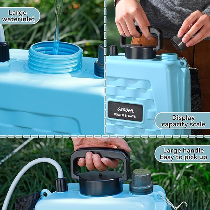 Battery Powered Sprayer 1.7 Gallon, Upgrade Powerful Electric Sprayer with 3 Mist Nozzles, Rechargeable Handle, Retractable Wand, Garden with Adjustable Shoulder Strap for Lawn,Garden,Cleaning