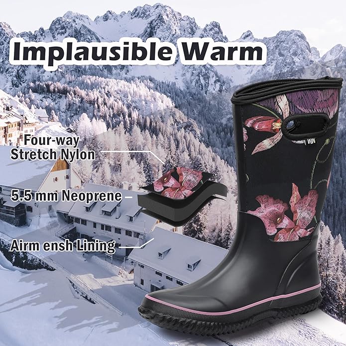 WTW Mid Calf Rain Boots for Women - Waterproof Insulated Neoprene Mud Boots Outdoor Hunting Garden Boots