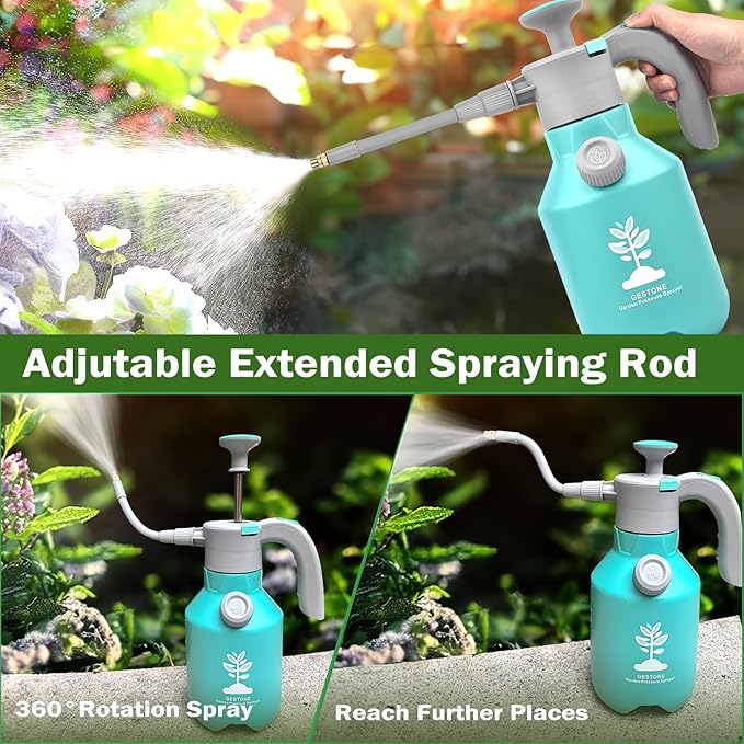 Garden Hand Pump Sprayer 1/2 Gallon Pump,68 Oz Handheld Pressure Sprayer with Safety Valve,Adjustable Nozzle,360° Extended Spray Rod,Ideal for Plants Watering,Fertilizing,Cleaning (68ounce,2L)