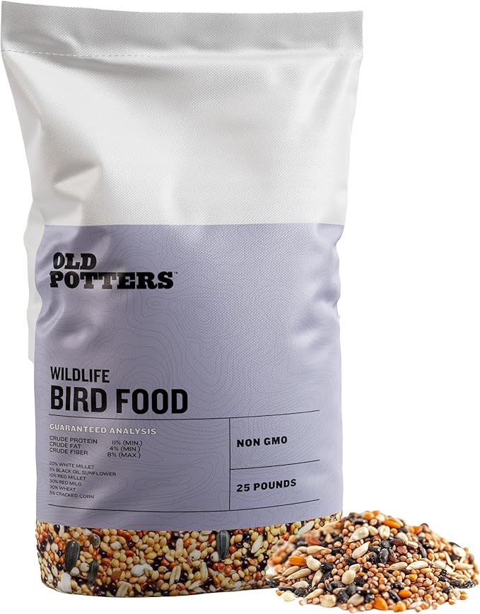 Old Potters Wild Bird Seed Blend – Non-GMO, Natural Mix with Millet, Milo, Sunflower, Corn & Wheat – Attracts Ground-Feeding Birds – 25 lb