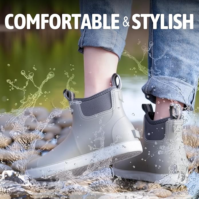 Women's Ankle Rain Boots - Slip On Waterproof Festival & Garden Shoes for Men - Comfortable Lightweight Rubber Wellies with Decorative Buckle