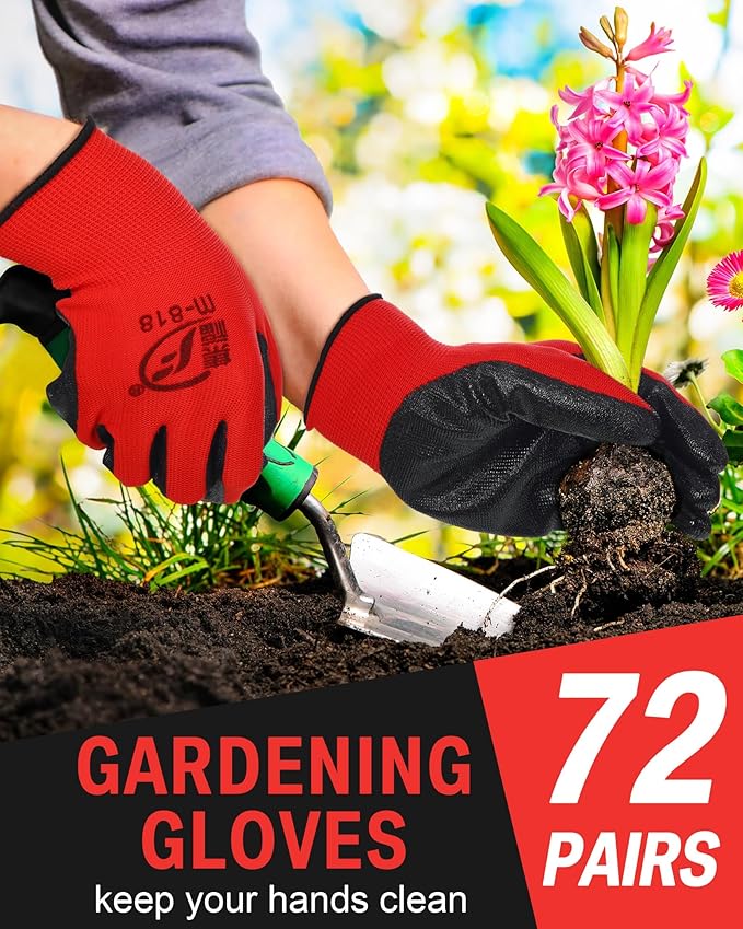 72 Pairs Gardening Work Gloves Bulk for Men Women, Rubber Coated Garden Multipack Safety Construction Glove